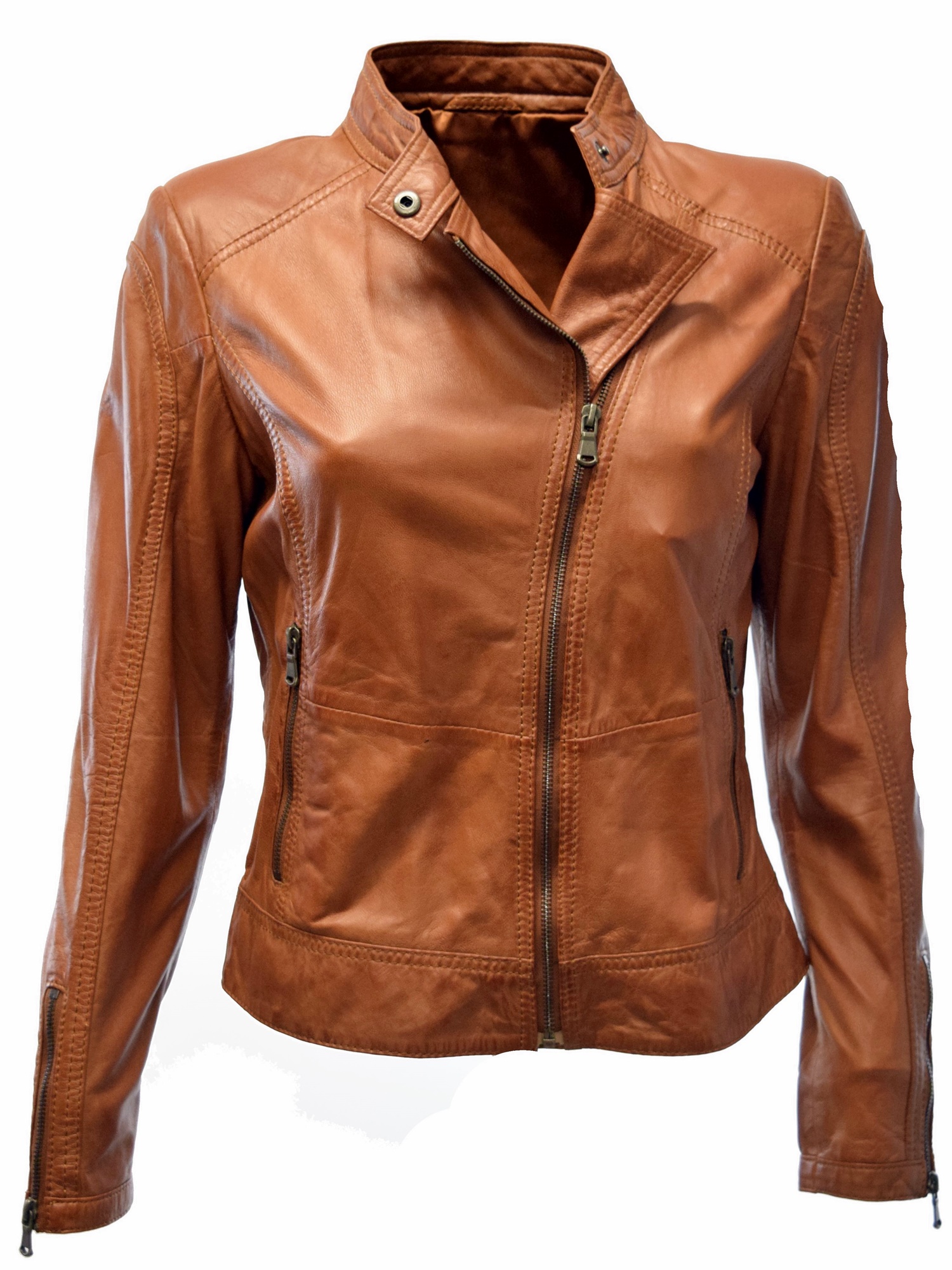 Damen Biker Lederjacke Wiki in washed Cognac Braun