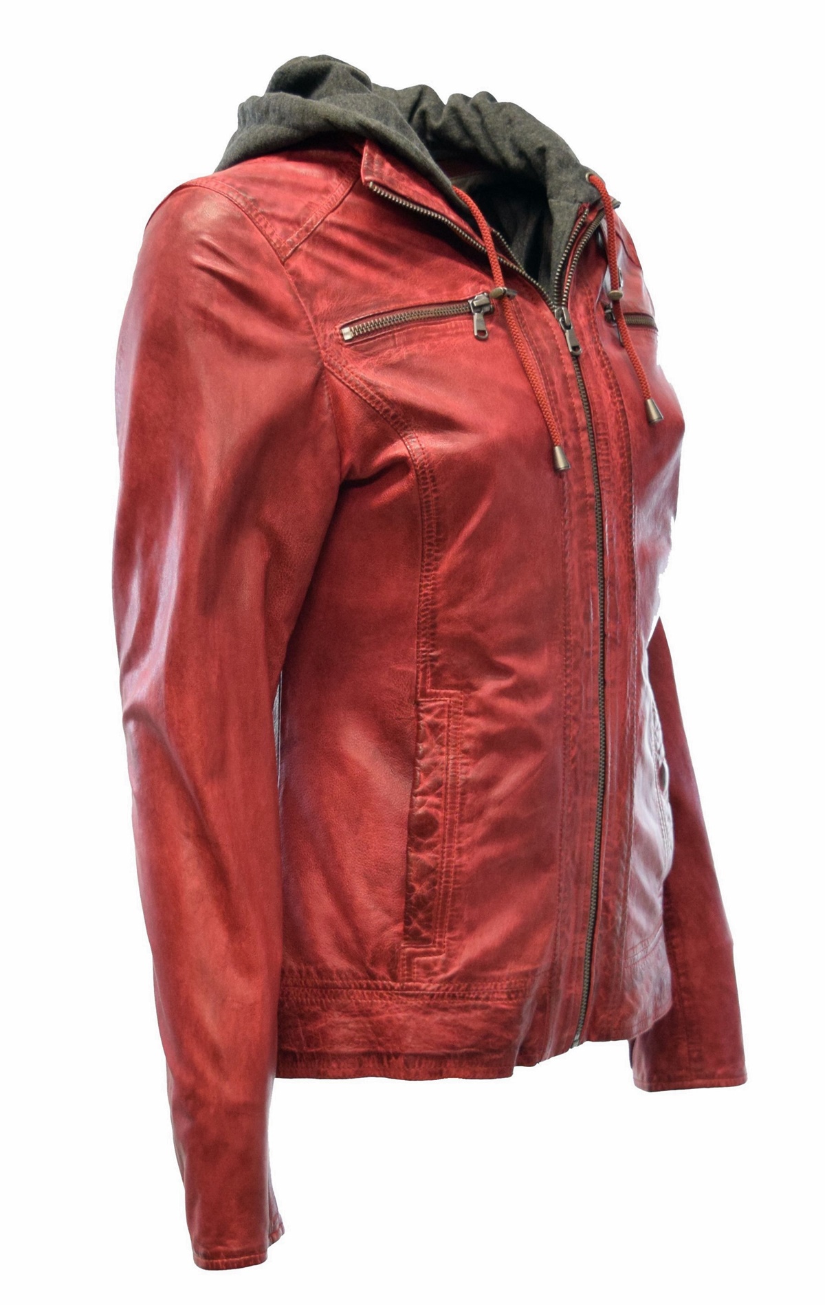 Damen Lederjacke Jersei in washed Rot mit Kapuze