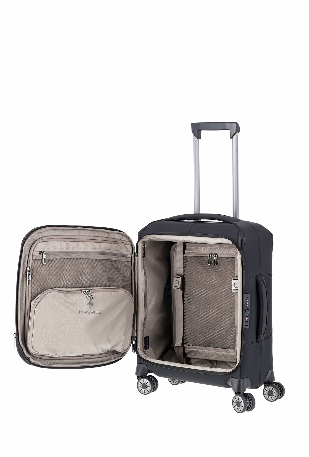 Travelite Priima Trolley Gr. S 55 cm mit 4 Rollen aus Nylon + recyceltem Polyester Schwarz