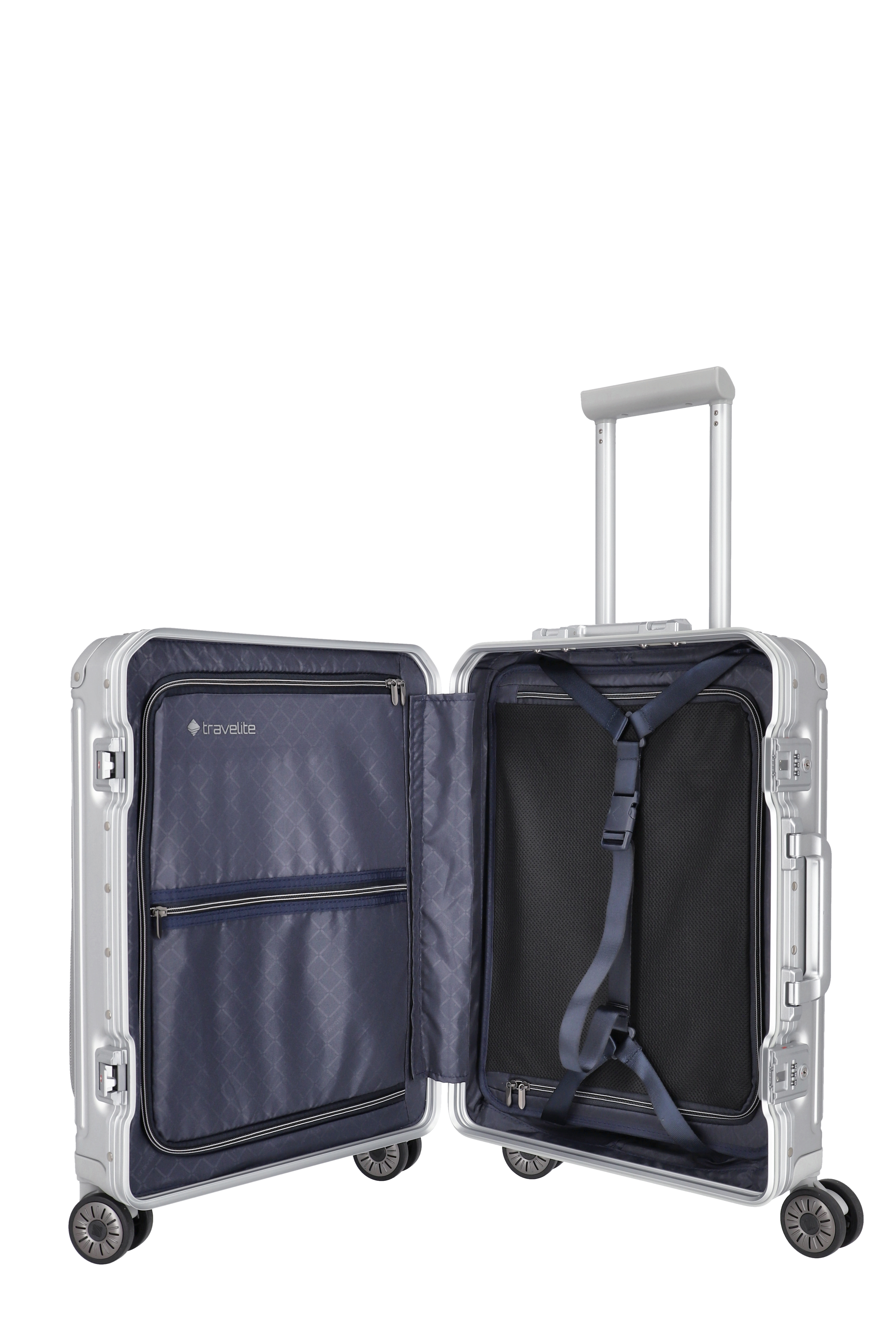 Travelite Aluminium Trolley Next mit Vortasche S 55 cm mit 4 Rollen Silber