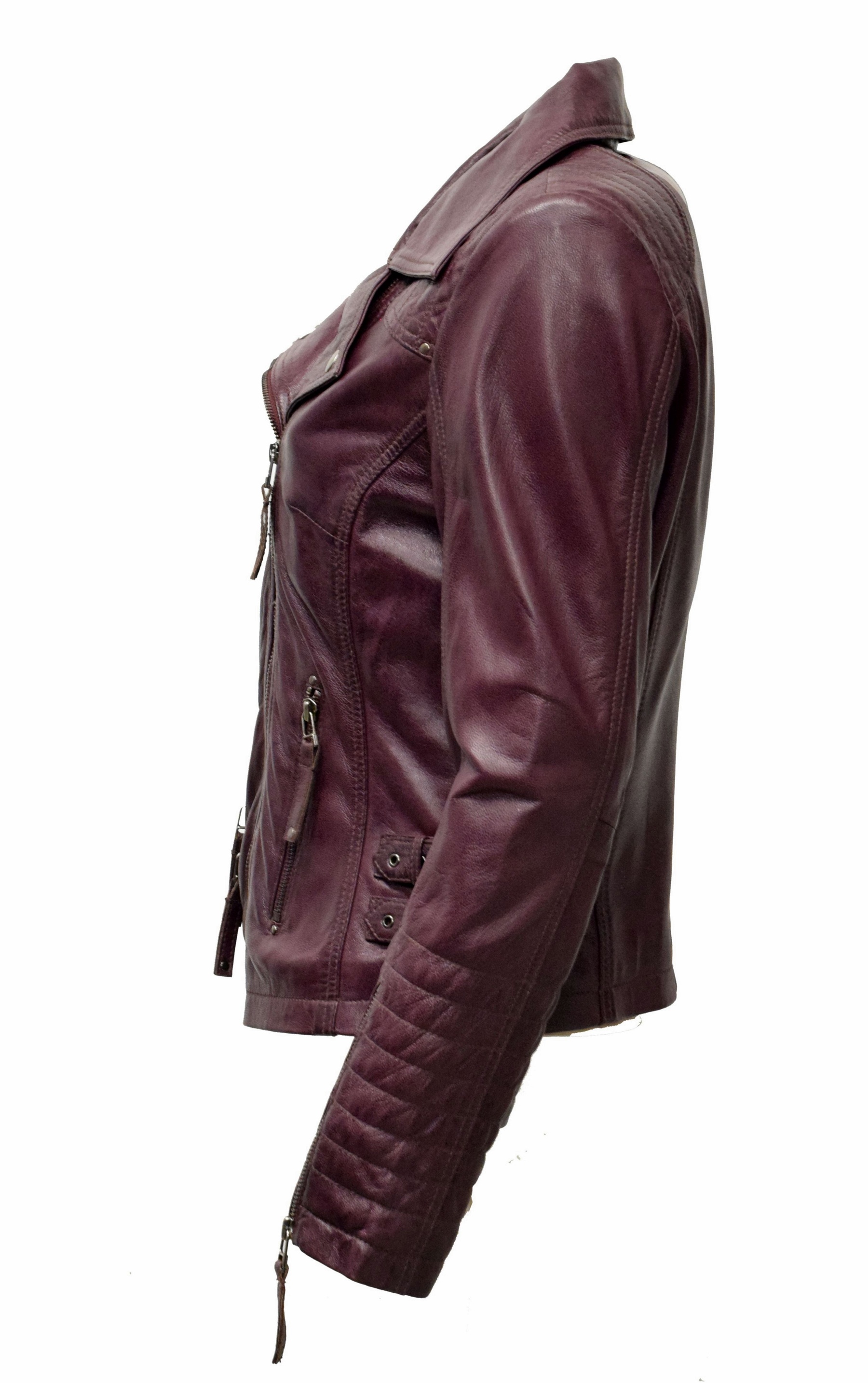 Damen Biker Lederjacke Cara in washed Burgund