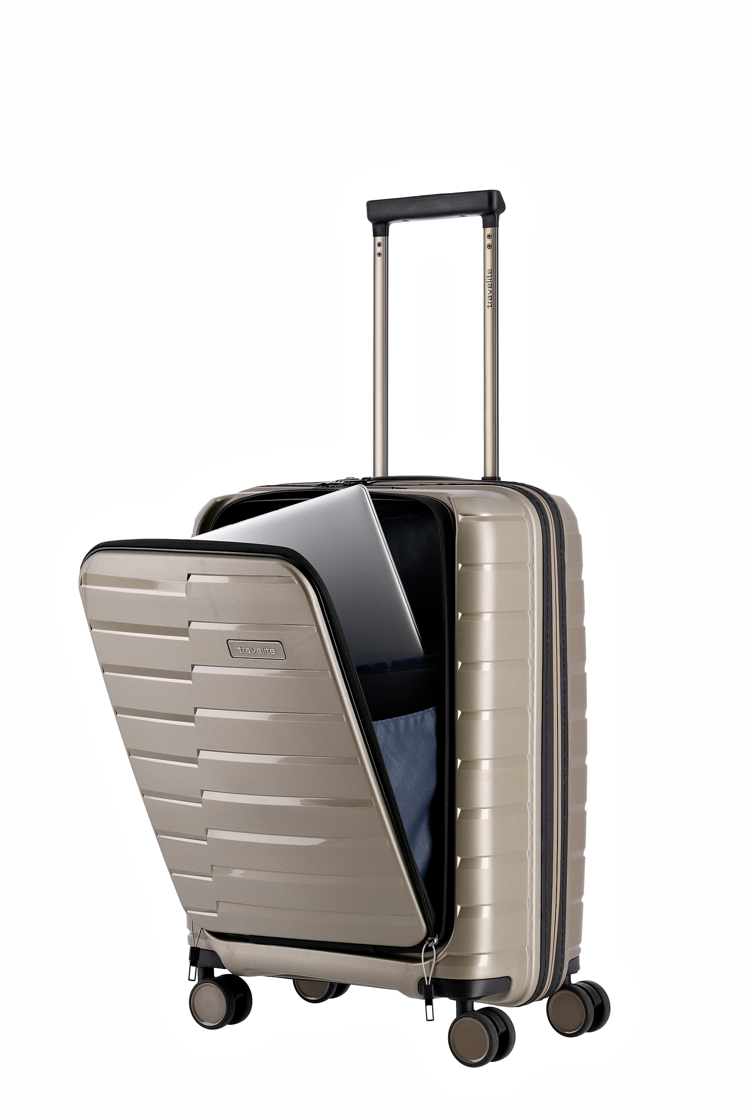 Travelite Koffer Air Base Vortasche 4 Rollen Trolley 55 cm S+ Champagner
