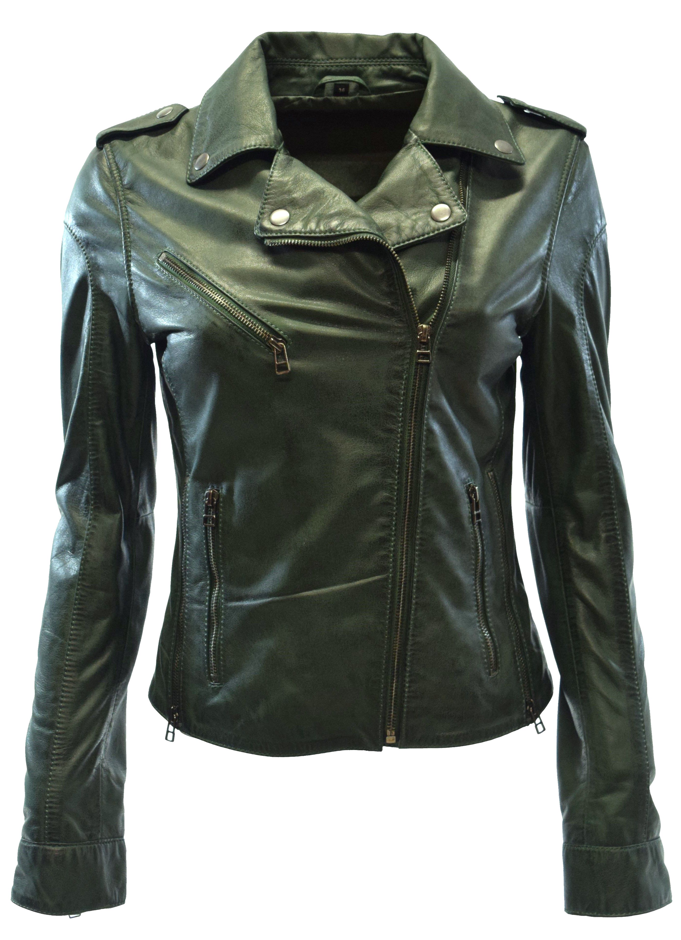 Damen Lammnappa Biker Lederjacke Sibilla Dunkelgrün
