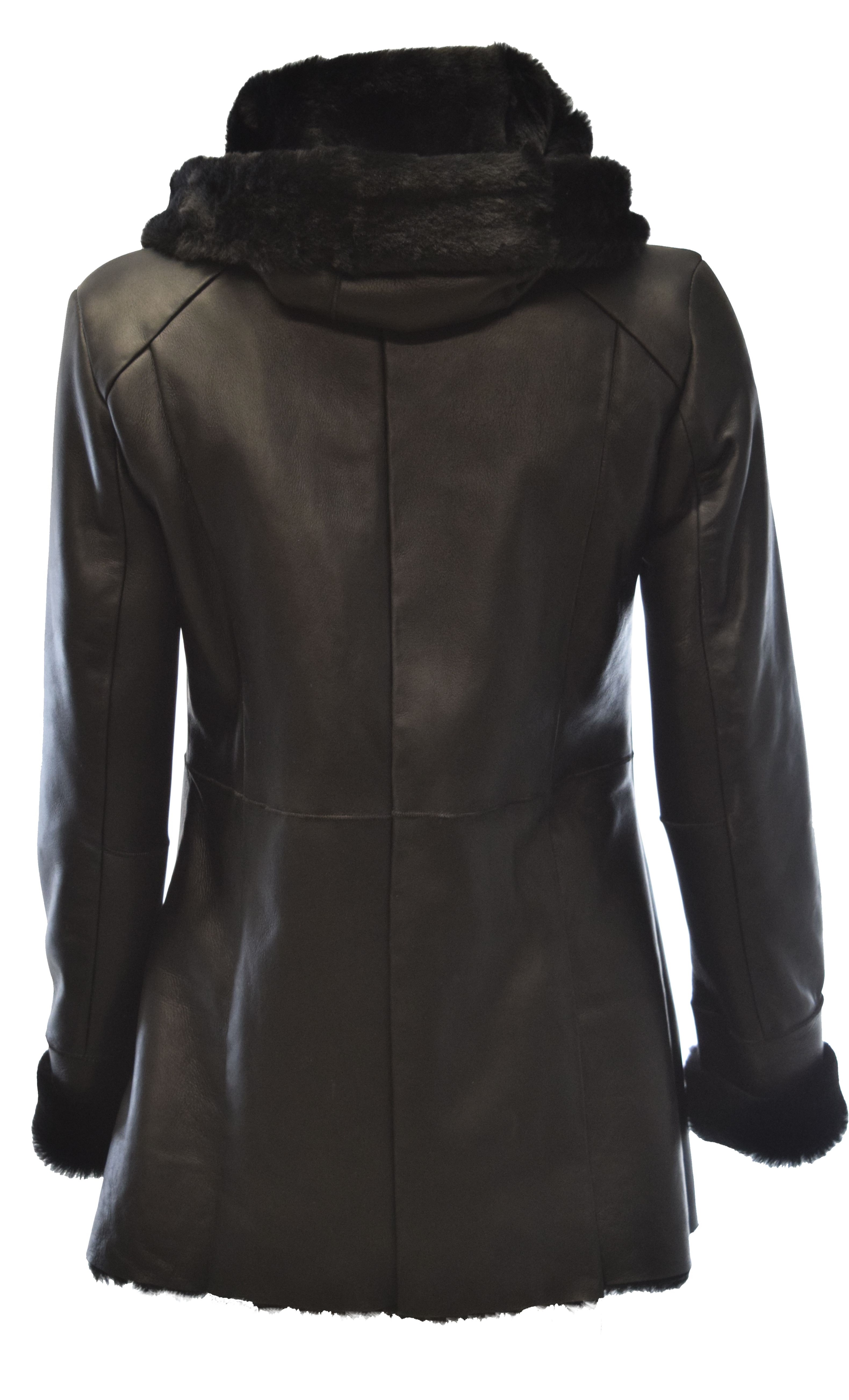 Damen Lammfellmantel Olivia mit großer Kapuze in Schwarz
