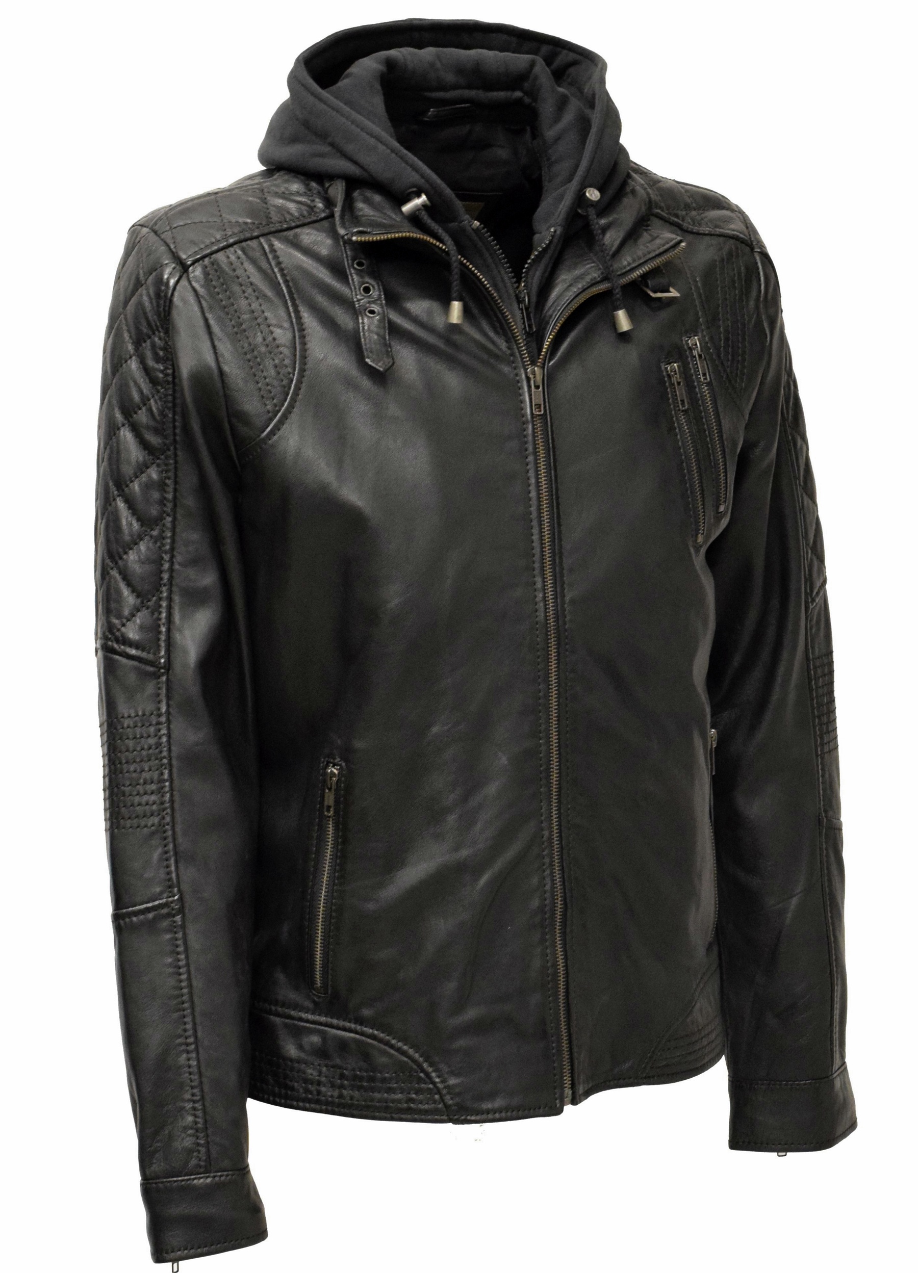 Herren Lederjacke Bastian gesteppt in washed Schwarz mit Kapuze