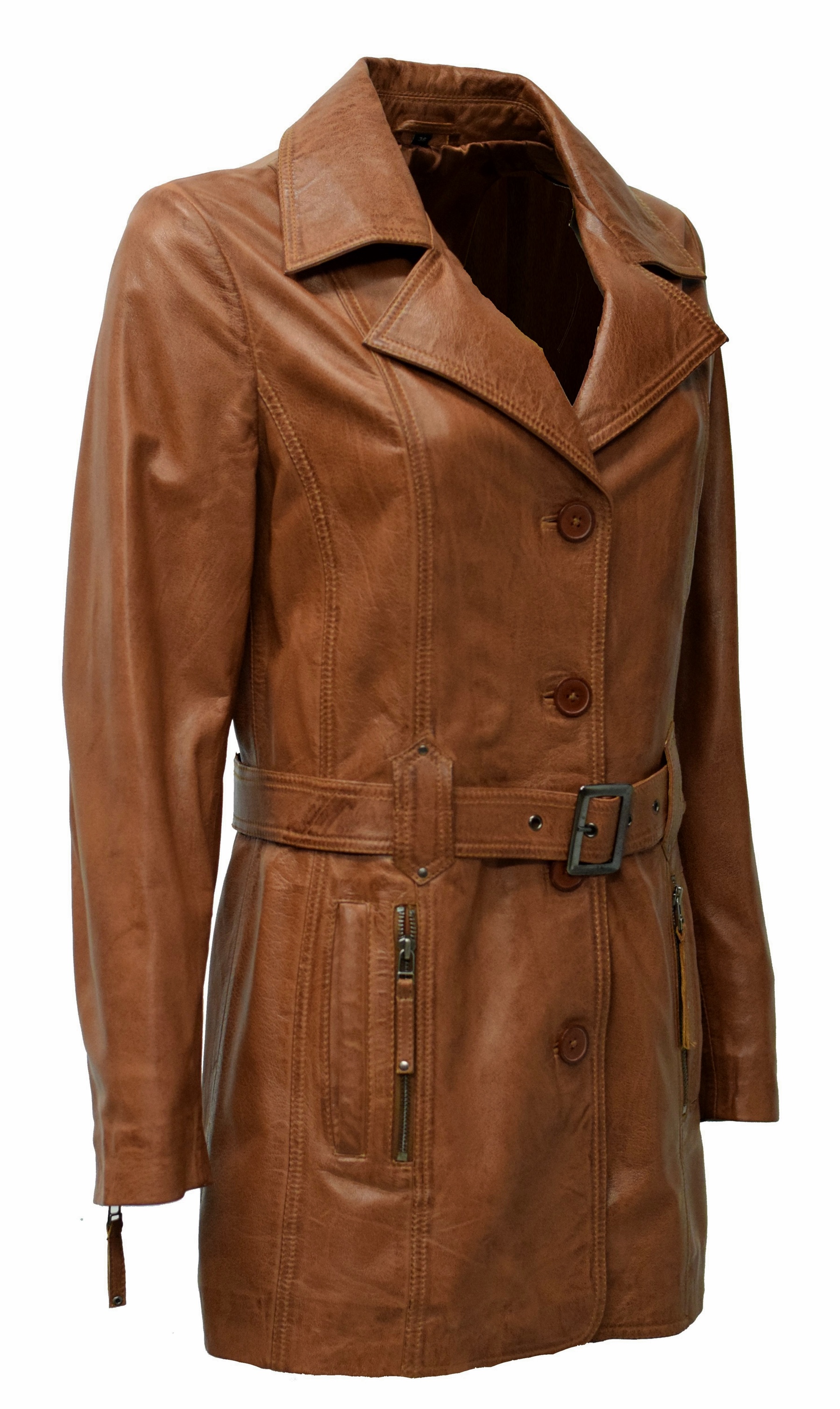 Damen Ledermantel Kaja in washed Cognac