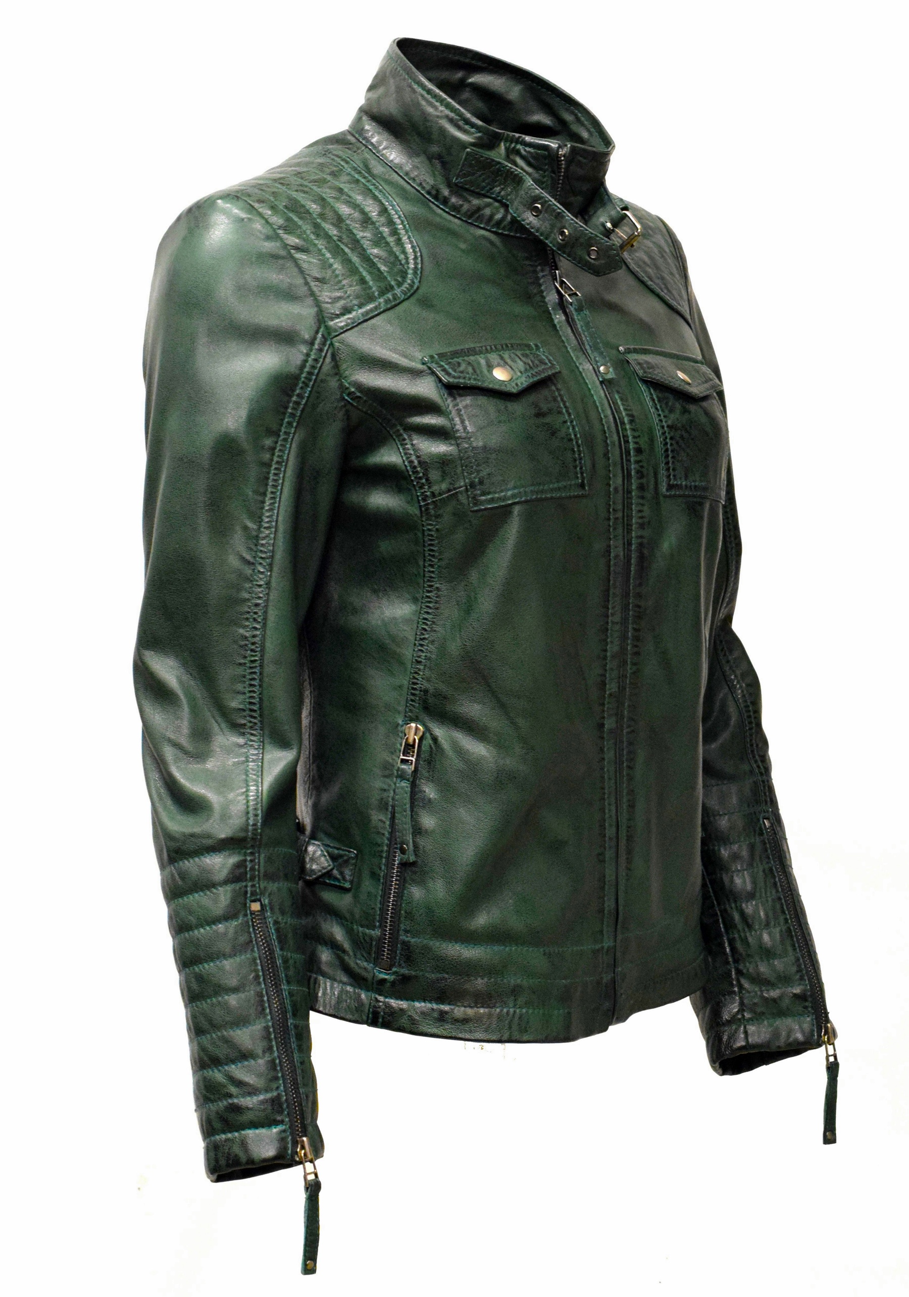 Damen Lederjacke Emmy gesteppt washed Grün