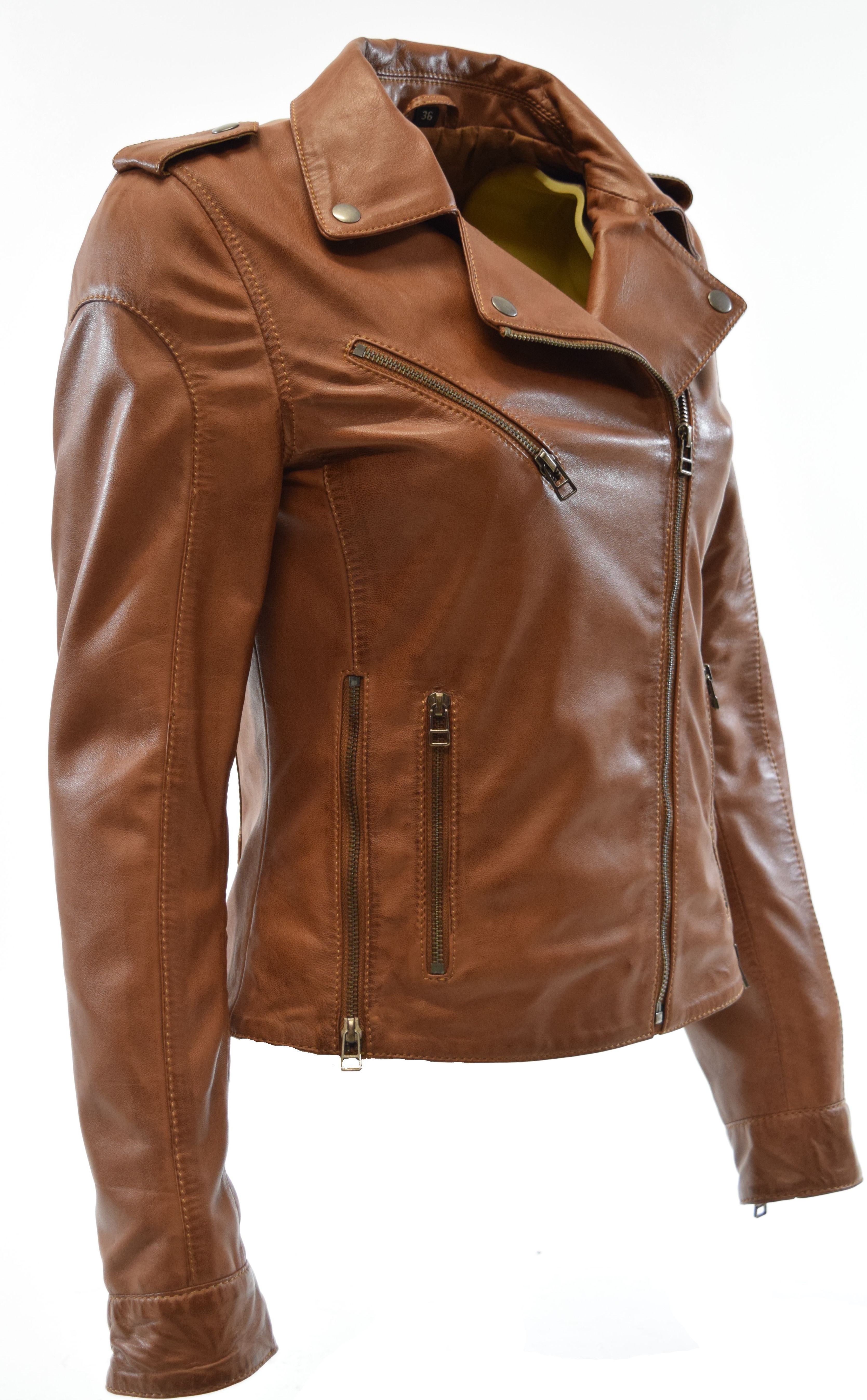 Damen Lammnappa Biker Lederjacke Sibilla Cognac Braun