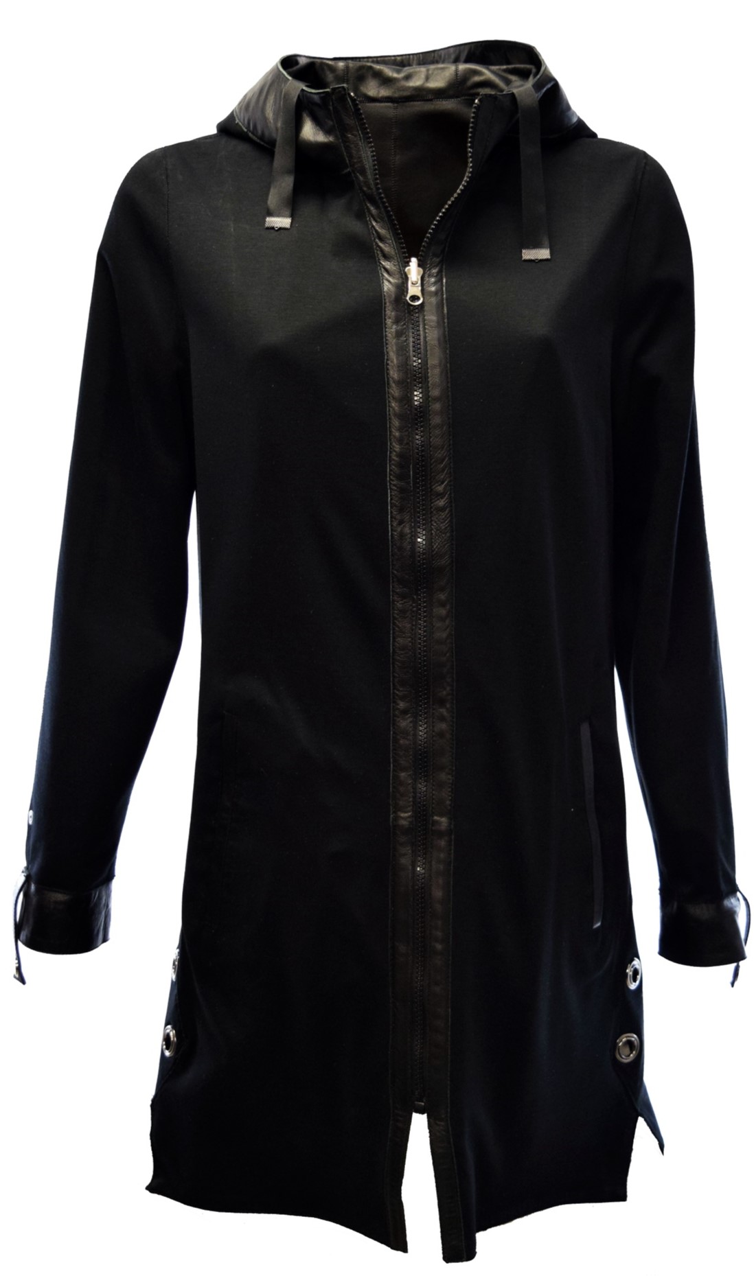 Damen Leder-Wendemantel Pia in fine Schwarz mit Kapuze
