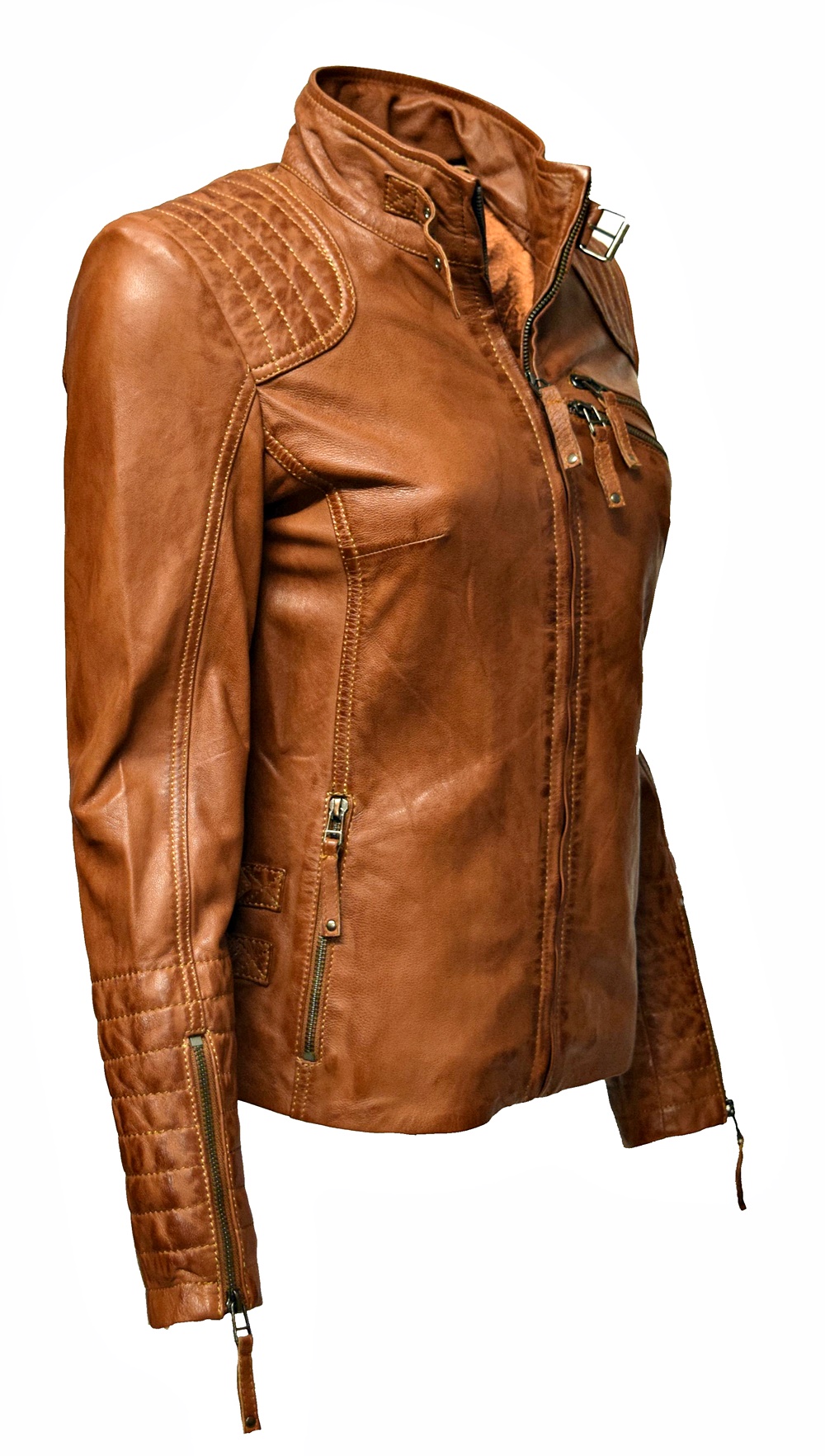 Damen Lederjacke Amy gesteppt washed Cognac