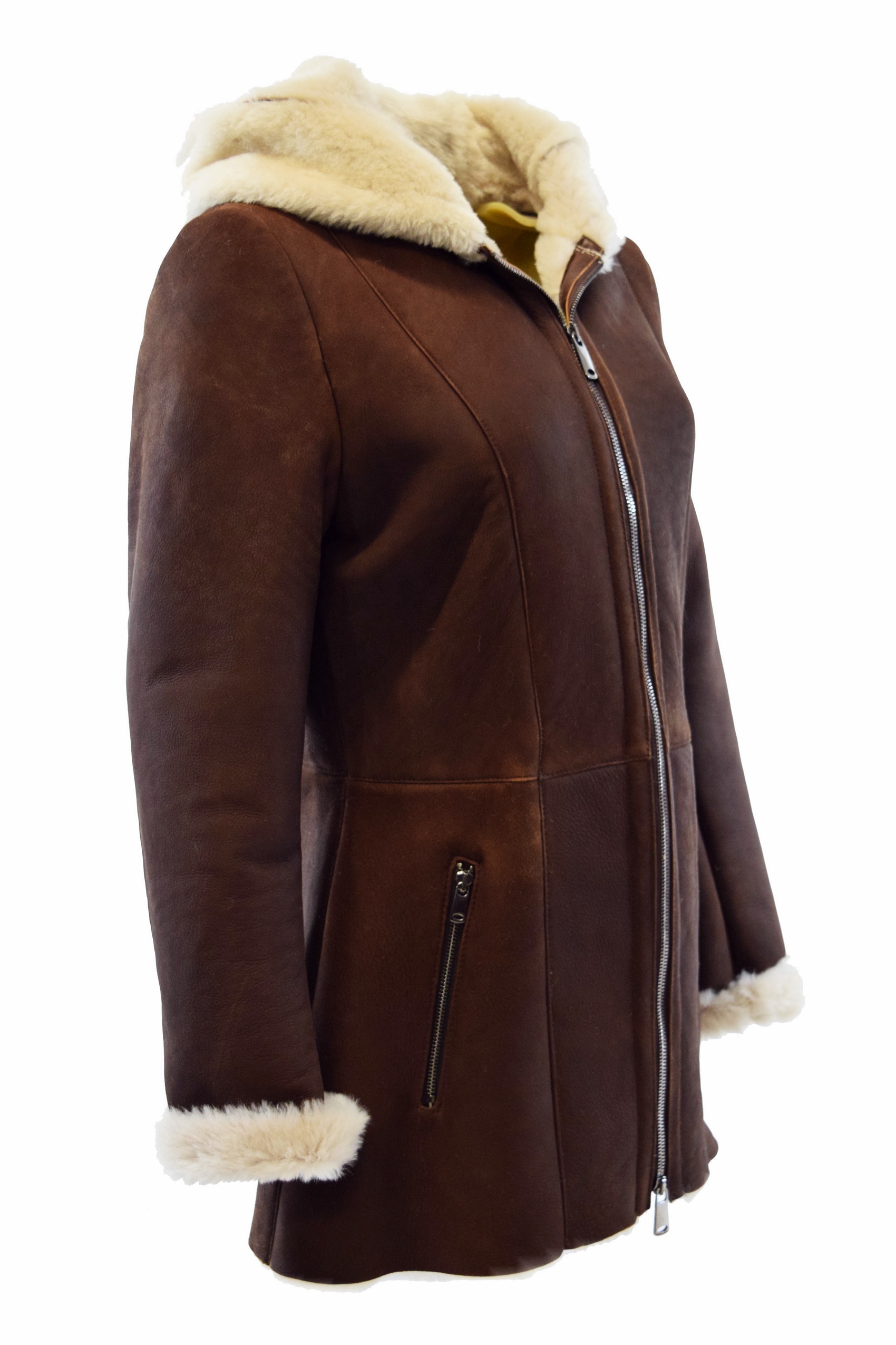 Damen Lammfelljacke Lennja mit Kapuze in Naturbraun