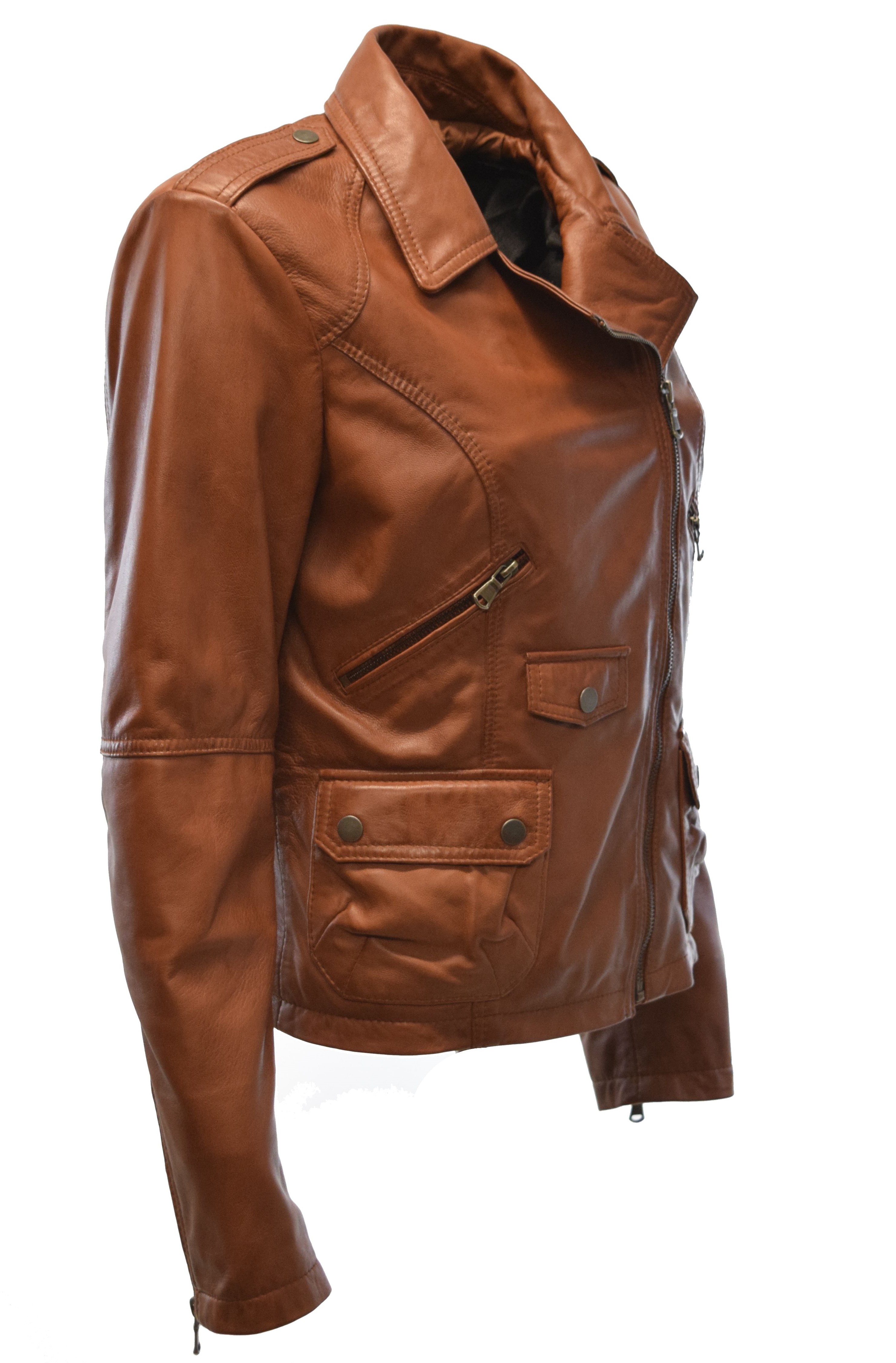 Damen Biker Lederjacke Maxy in washed Cognac Braun