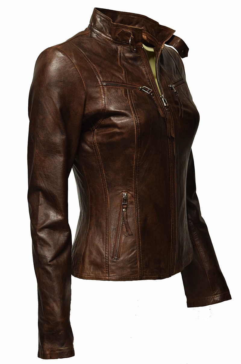 Damen Lederjacke P-14-01 washed Darktan