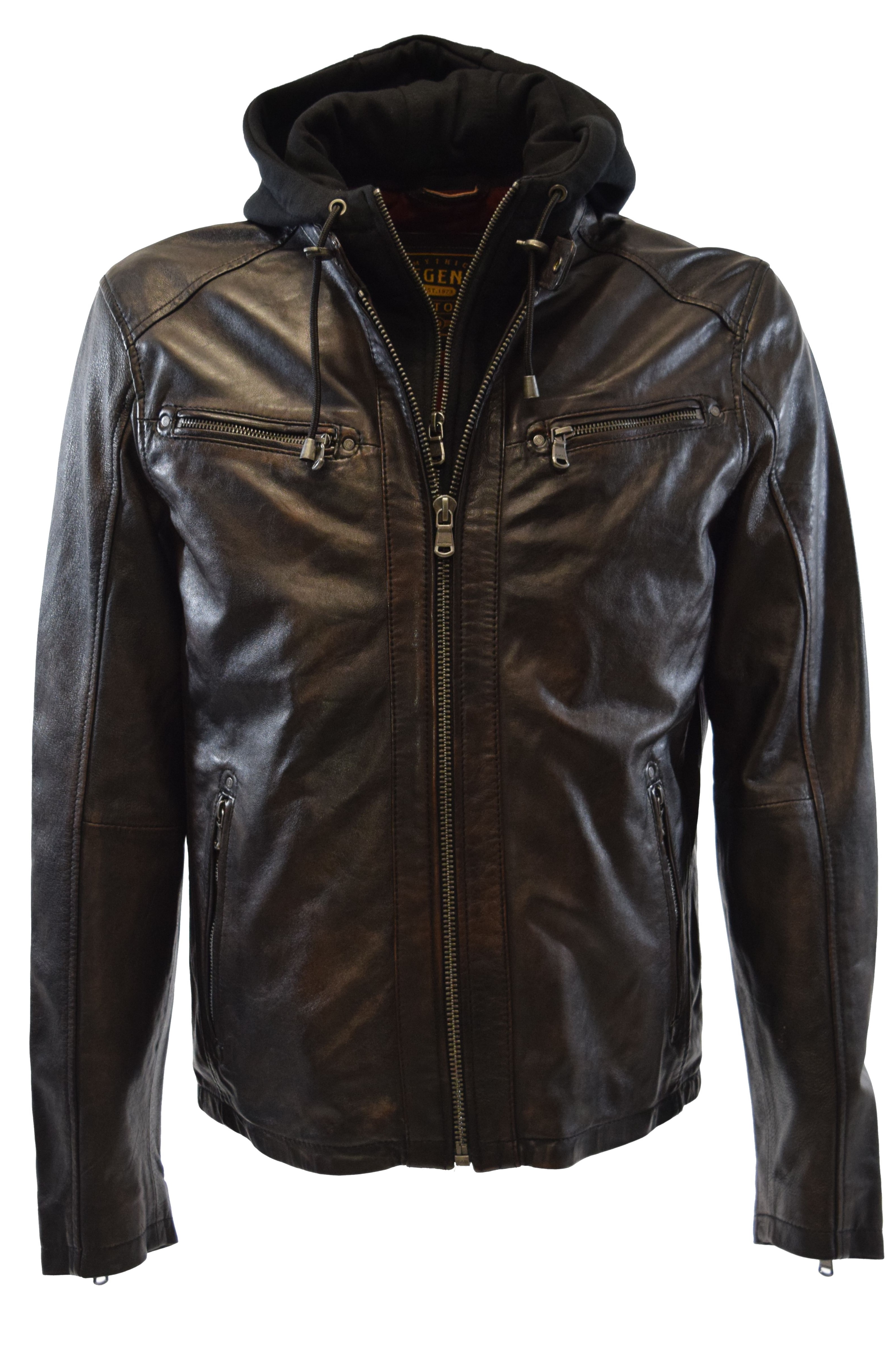 Herren Lederjacke Winstone mit abnehmbarer Kapuze in Vintage Schwarz Braun