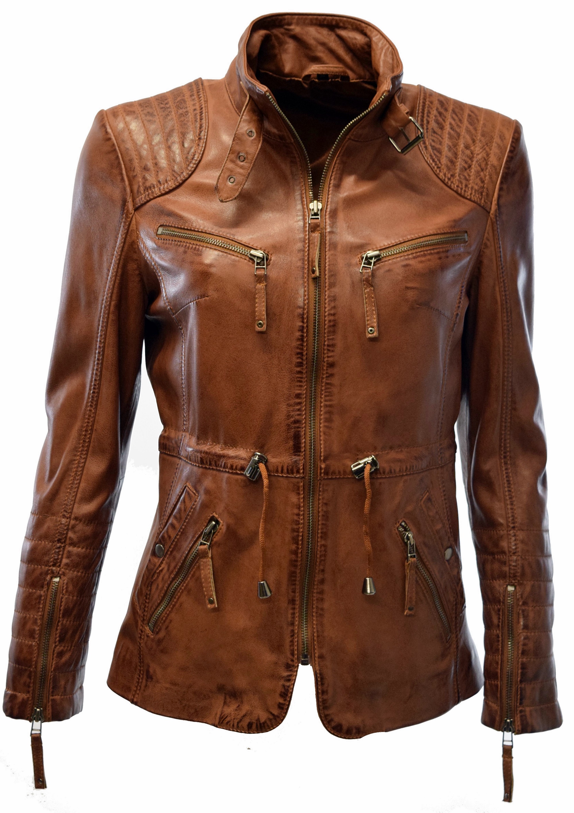 Damen Lederjacke Klara gesteppt washed Cognac Braun