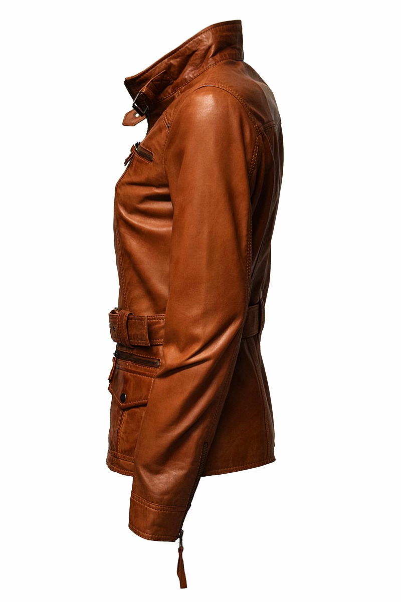 Damen Lederjacke Meggi mit Gürtel in washed Cognac