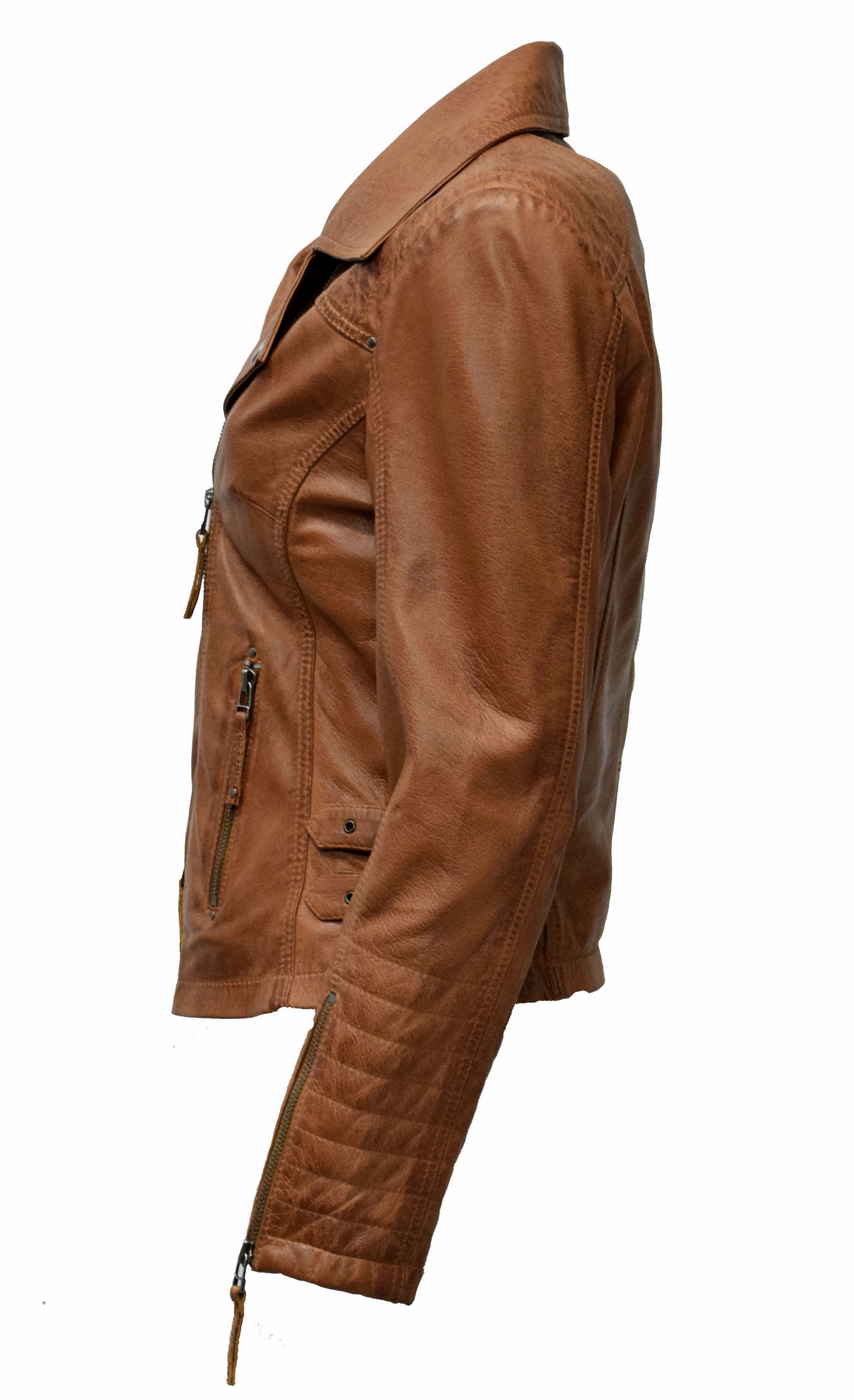 Damen Biker Lederjacke Cara in washed Cognac 