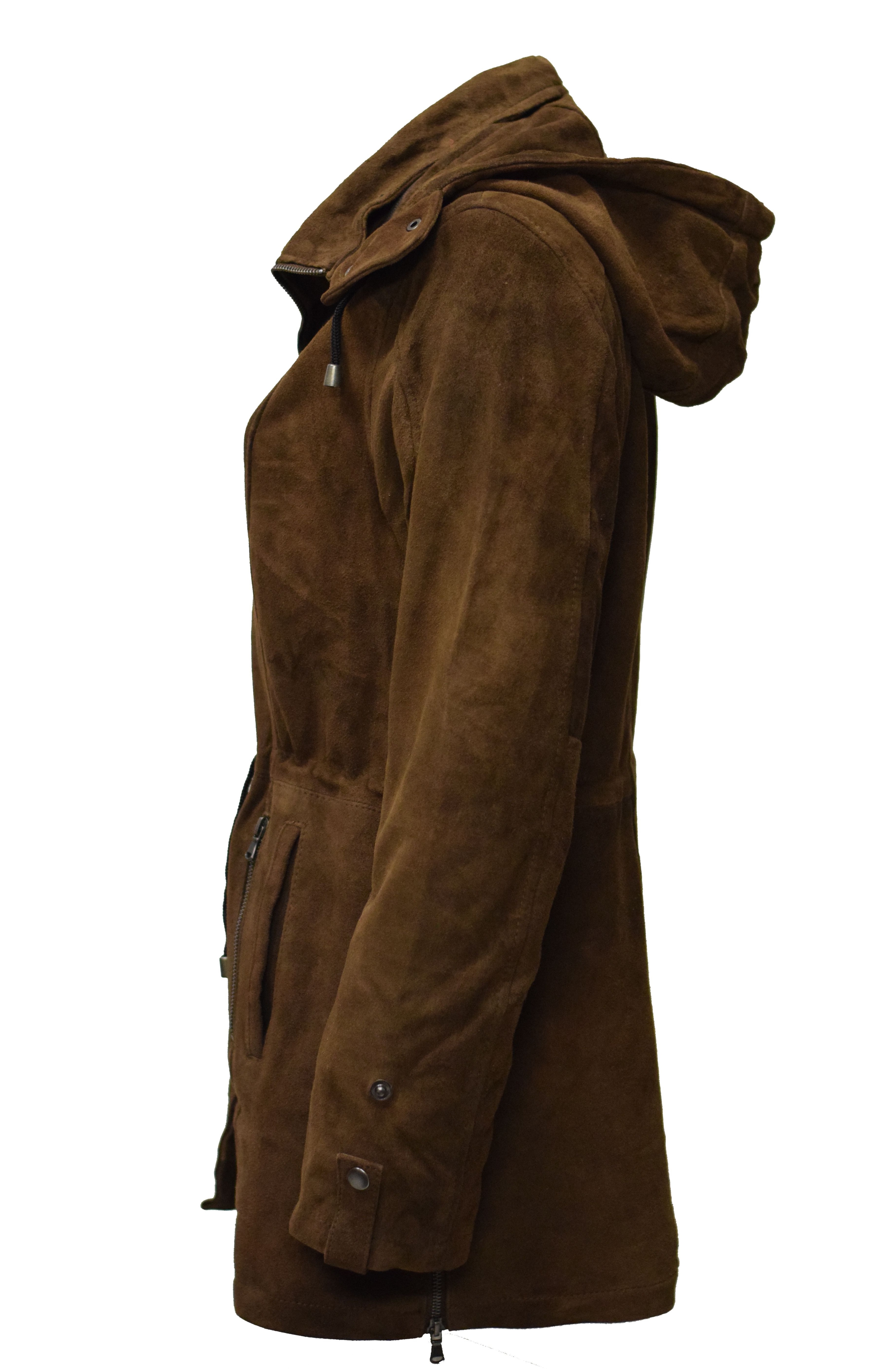 Damen Lederparka Helene mit Kapuze aus Ziegenvelourleder in Mocca
