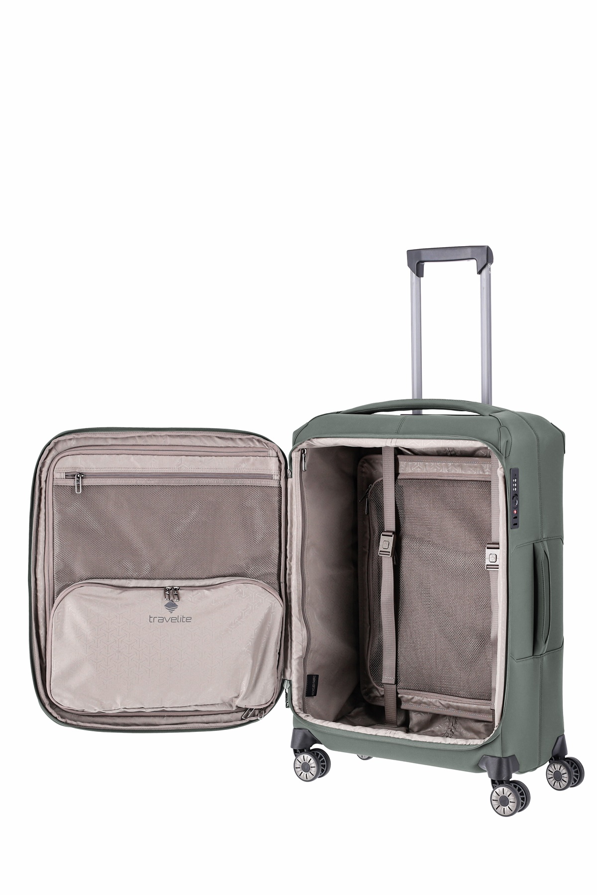 Travelite Priima Trolley Gr. M 68 cm mit 4 Rollen aus Nylon + recyceltem Polyester Oliv