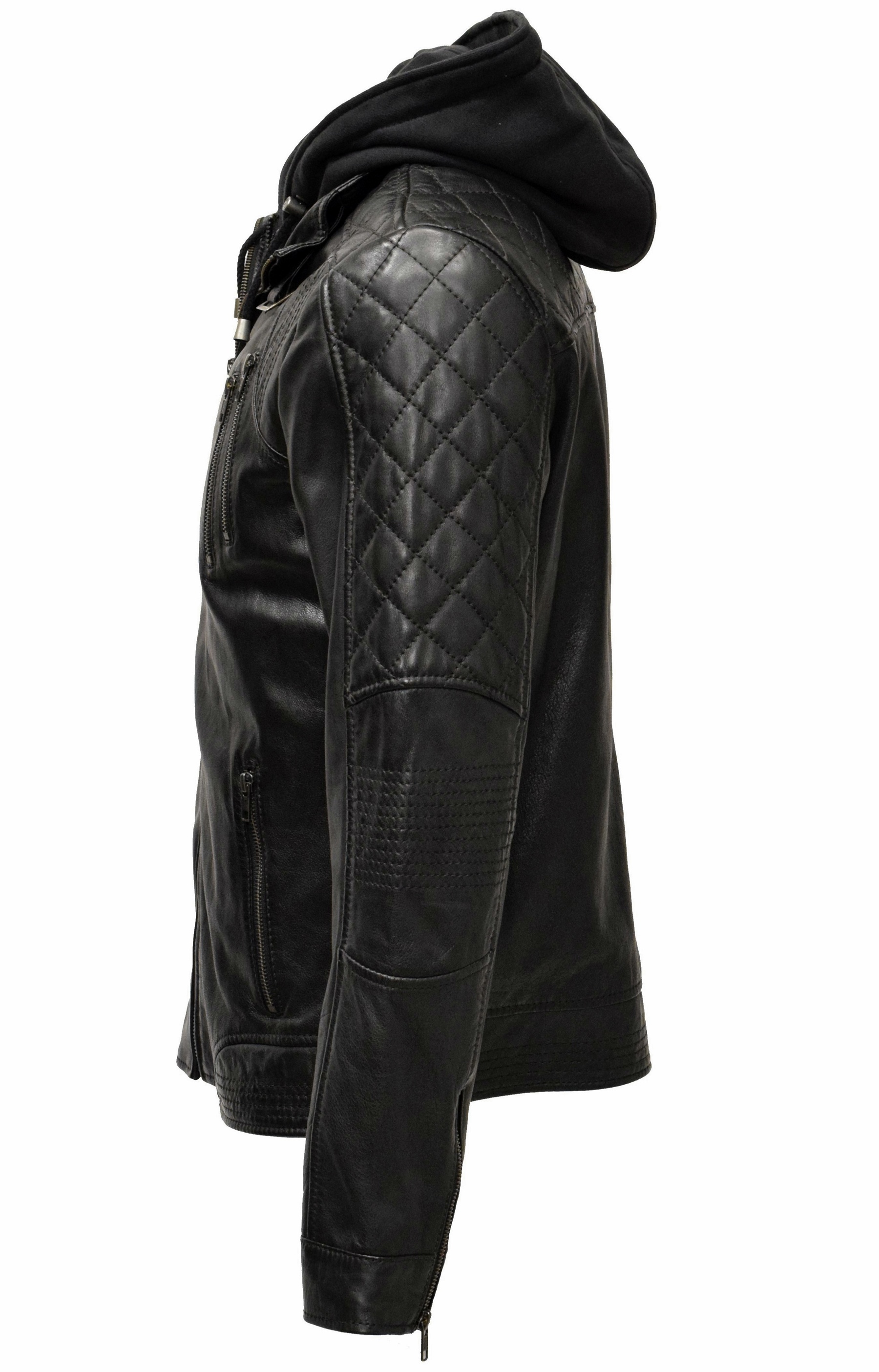Herren Lederjacke Bastian gesteppt in washed Schwarz mit Kapuze