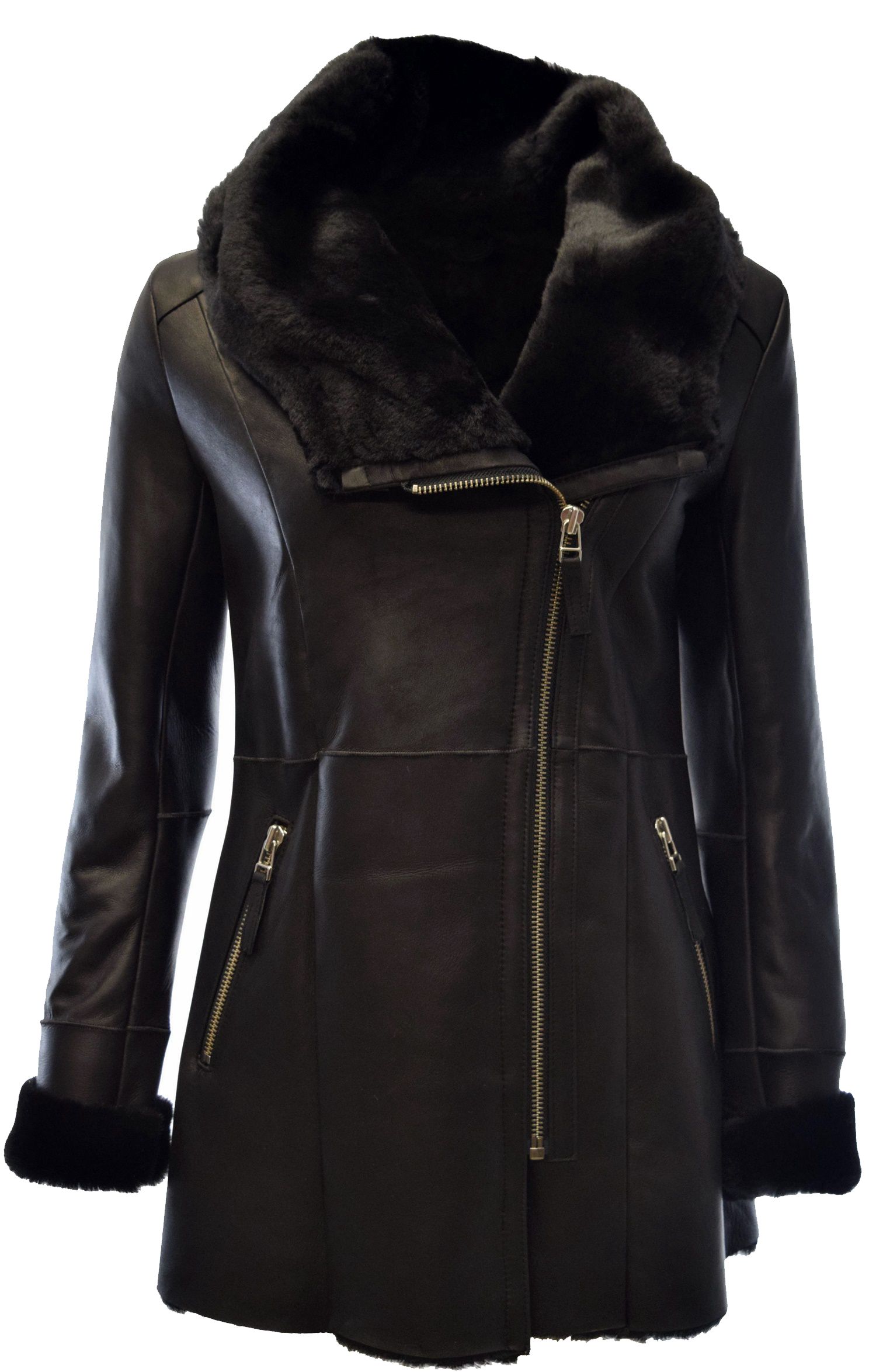 Damen Lammfellmantel Olivia mit großer Kapuze in Schwarz