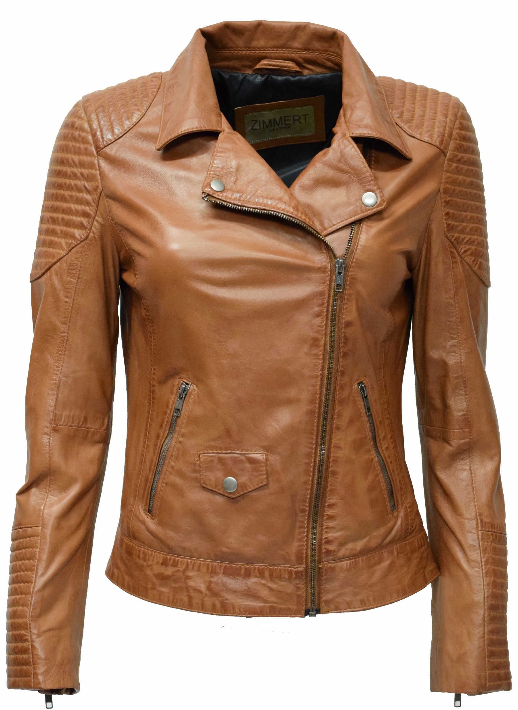 Damen Biker Lederjacke Lola in Cognac Braun
