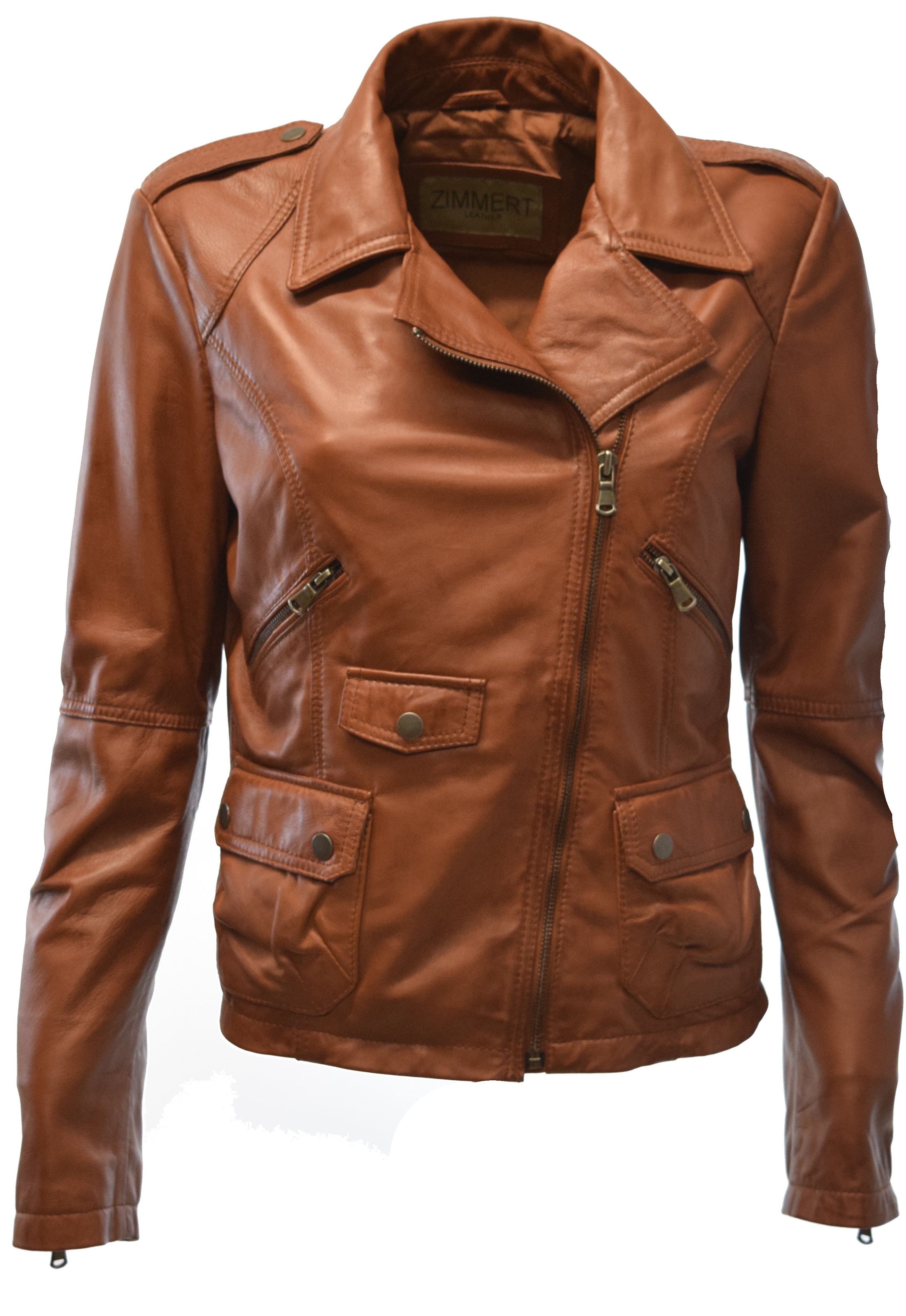 Damen Biker Lederjacke Maxy in washed Cognac Braun