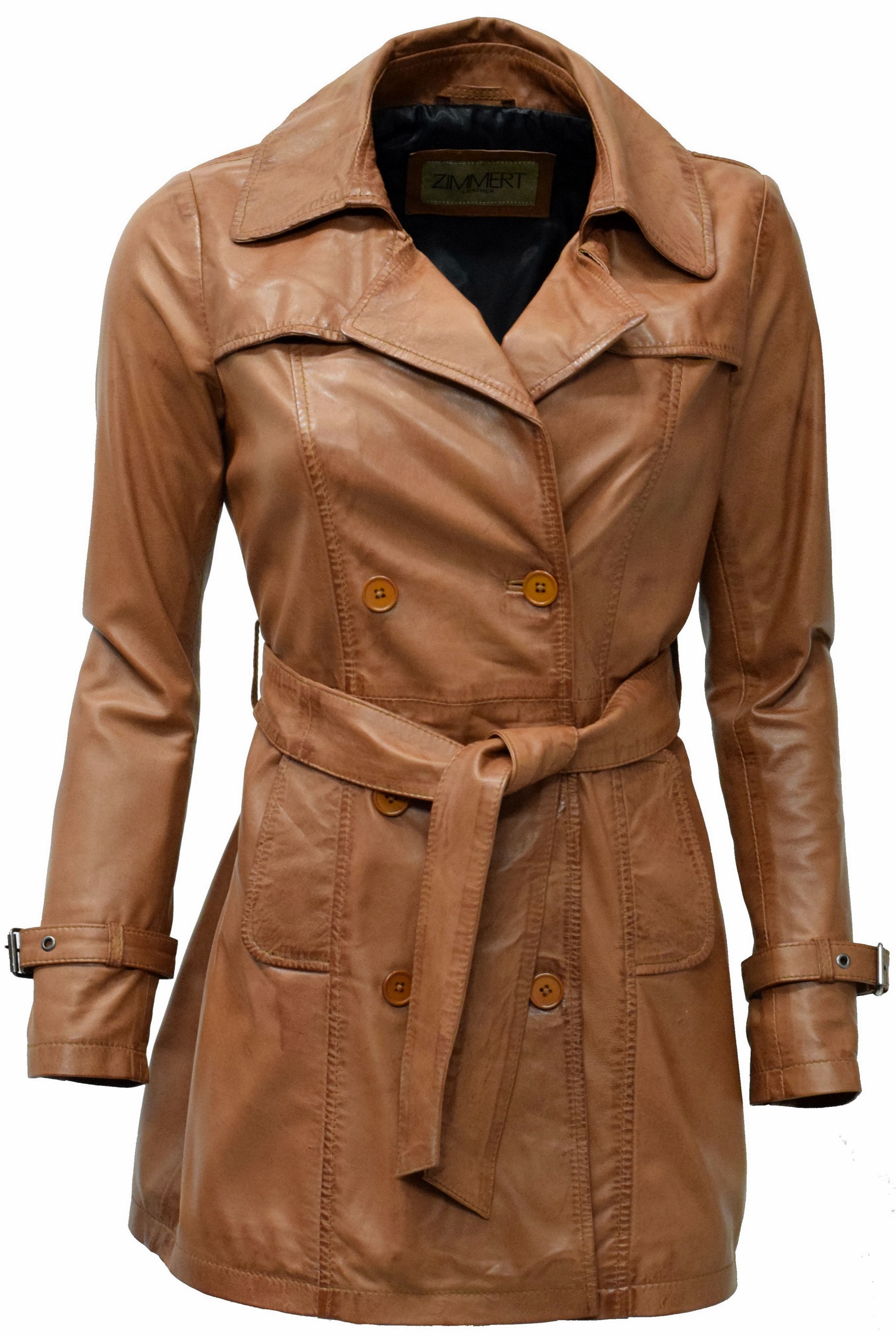 Damen Kurz- Trenchcoat Ledermantel Anna in washed Cognac
