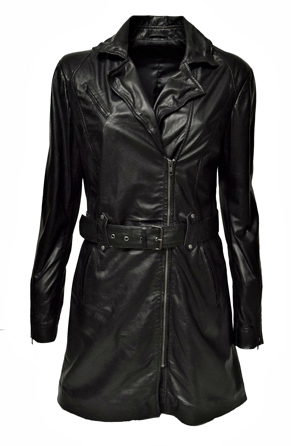 Damen Biker Ledermantel Una washed Schwarz