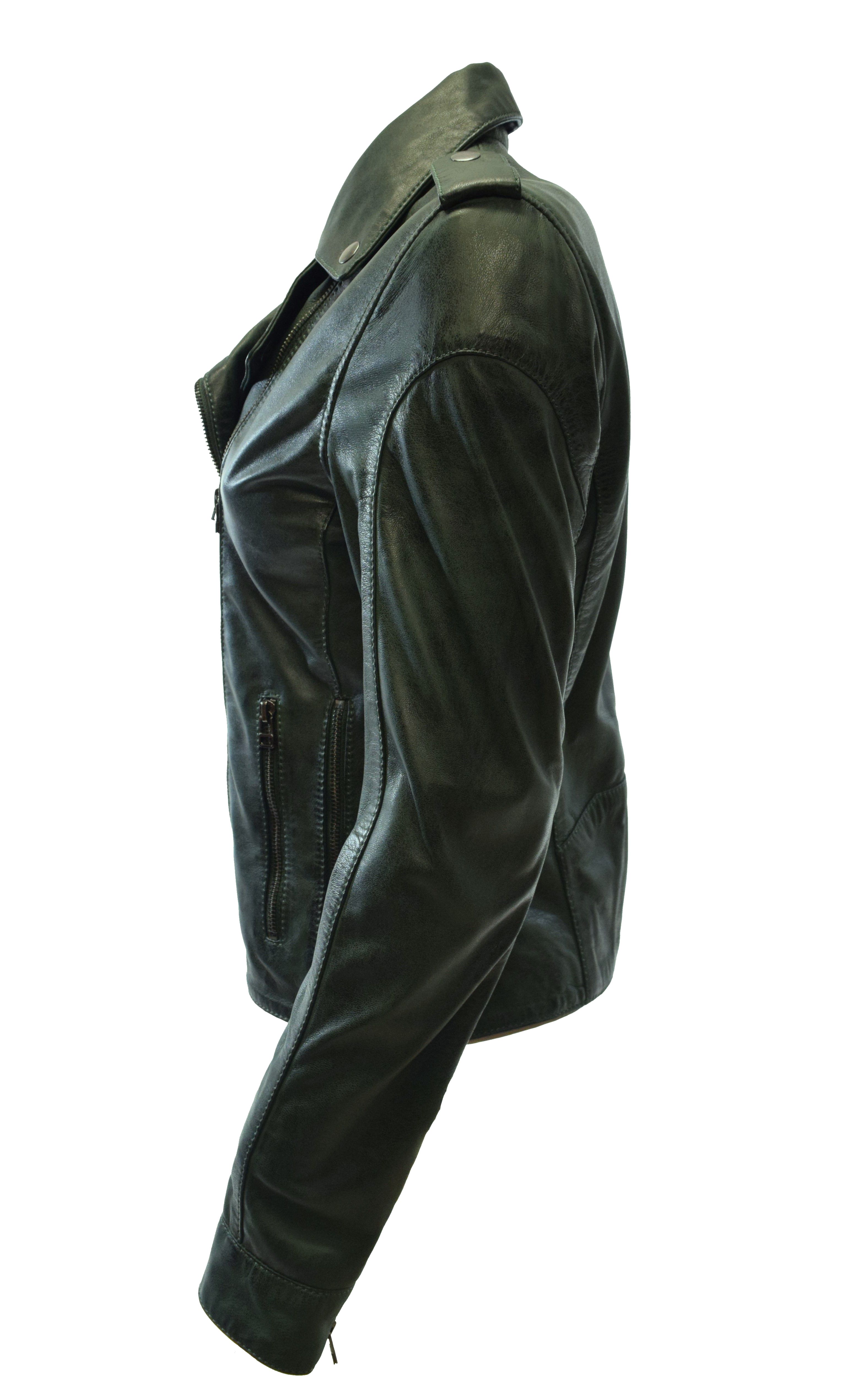 Damen Lammnappa Biker Lederjacke Sibilla Dunkelgrün