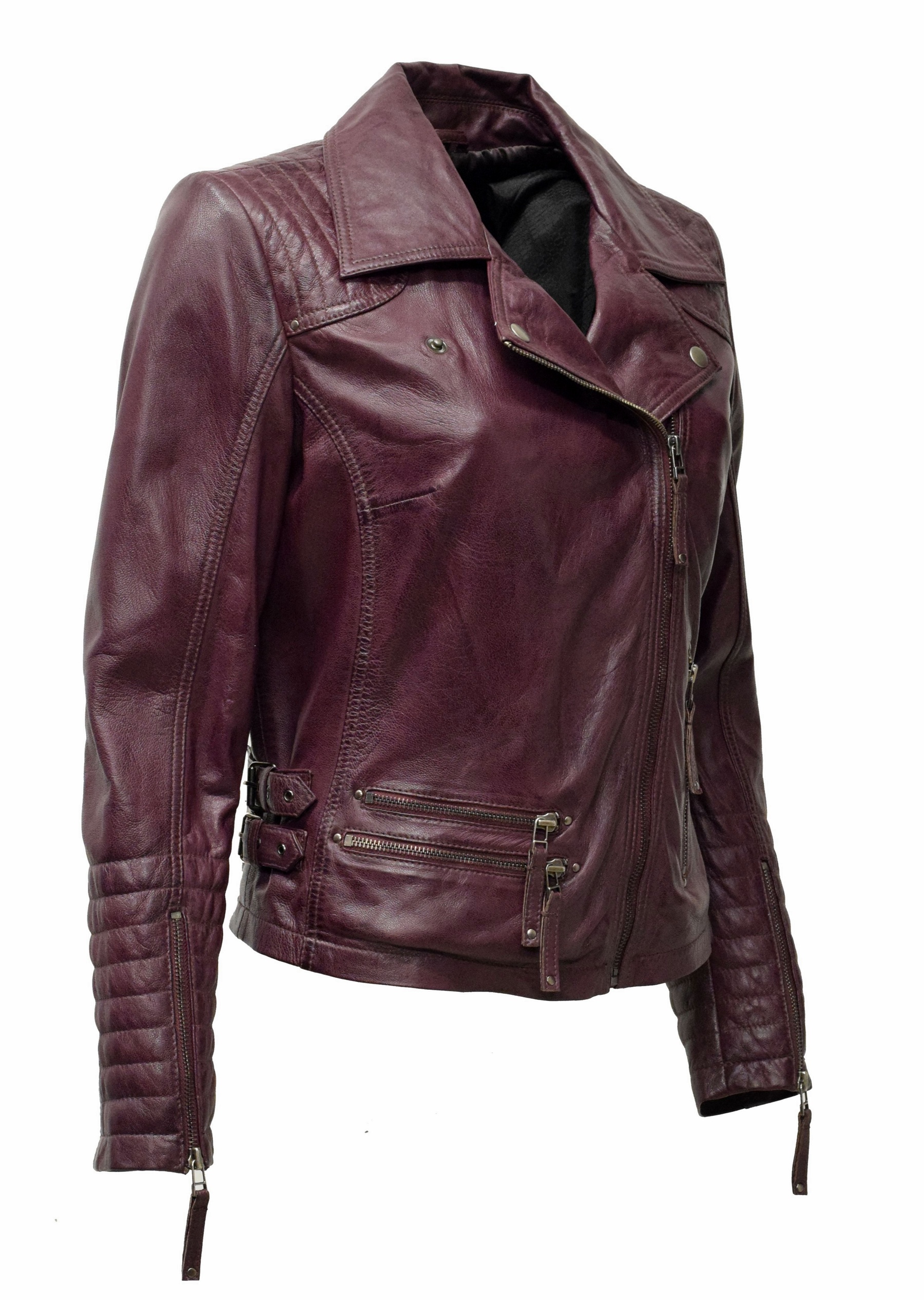 Damen Biker Lederjacke Cara in washed Burgund