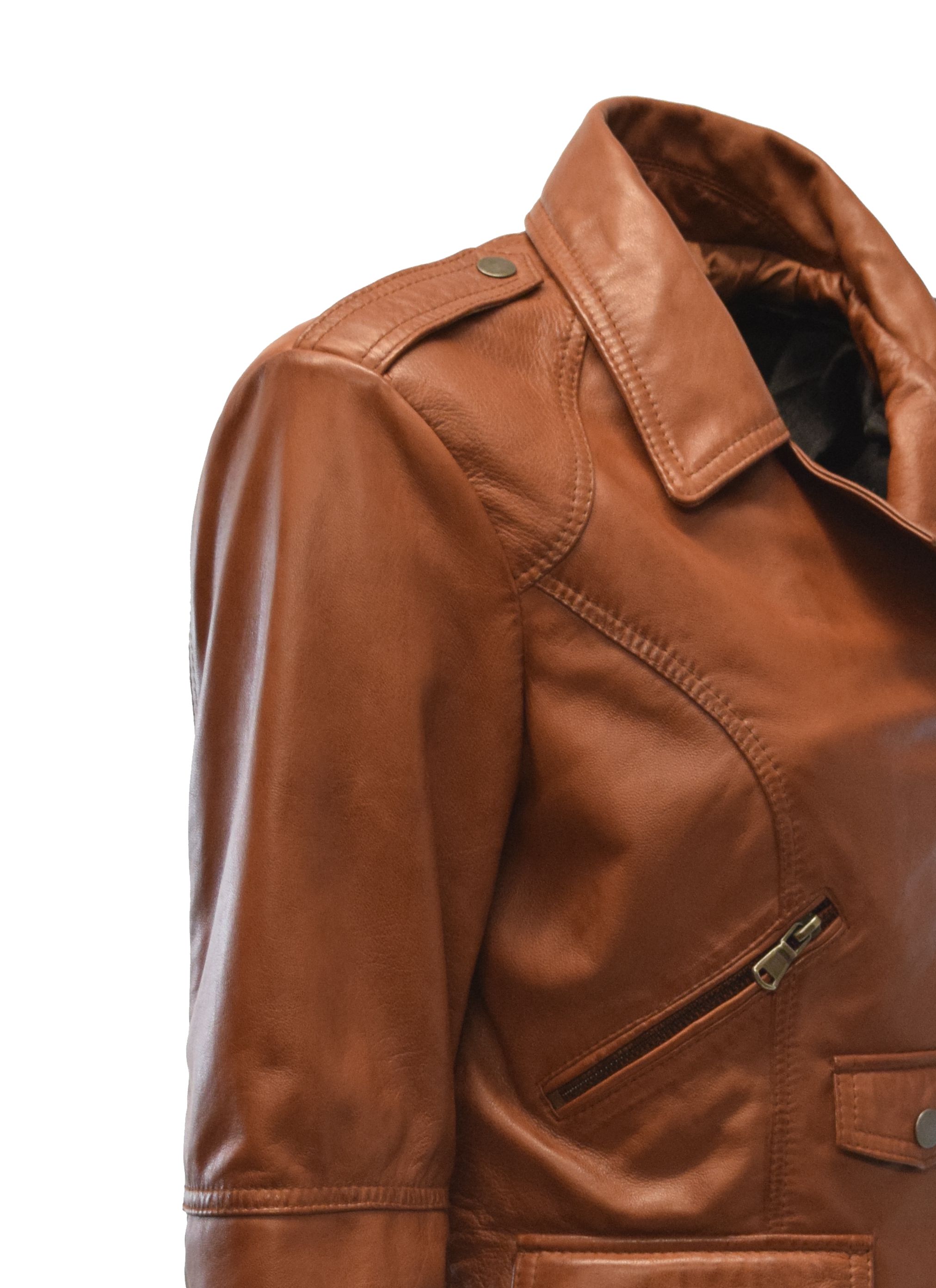 Damen Biker Lederjacke Maxy in washed Cognac Braun