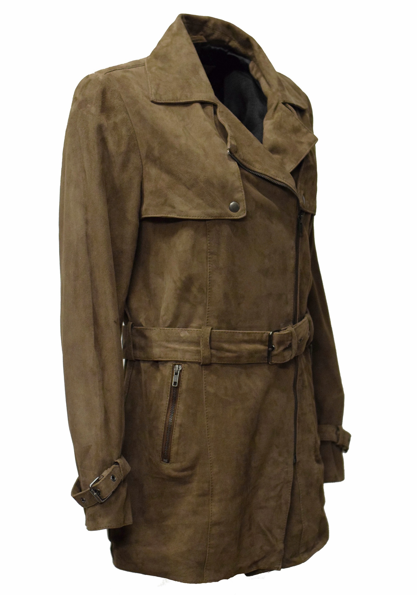 Damen Kurz-Trenchcoat Ledermantel Millu in Schlamm