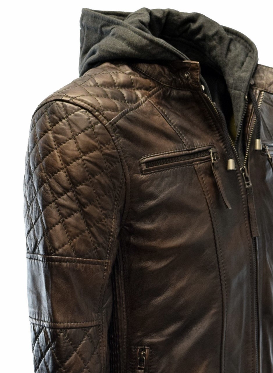 Herren Lederjacke Alex II gesteppt in washed Mocca mit Kapuze 
