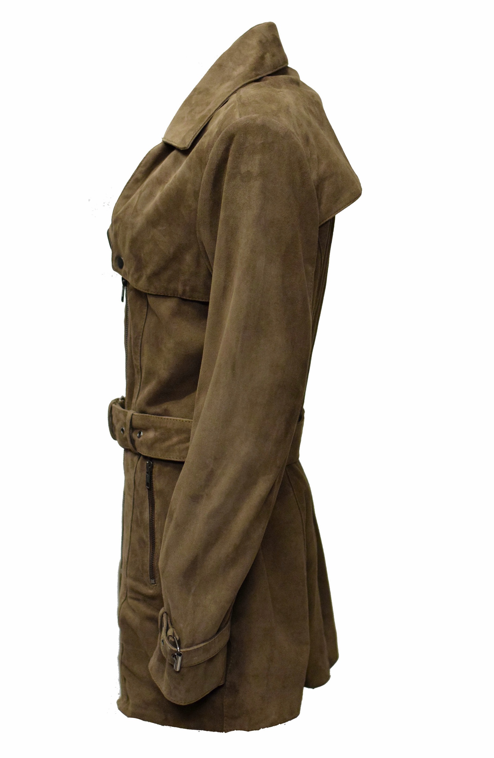 Damen Kurz-Trenchcoat Ledermantel Millu in Schlamm