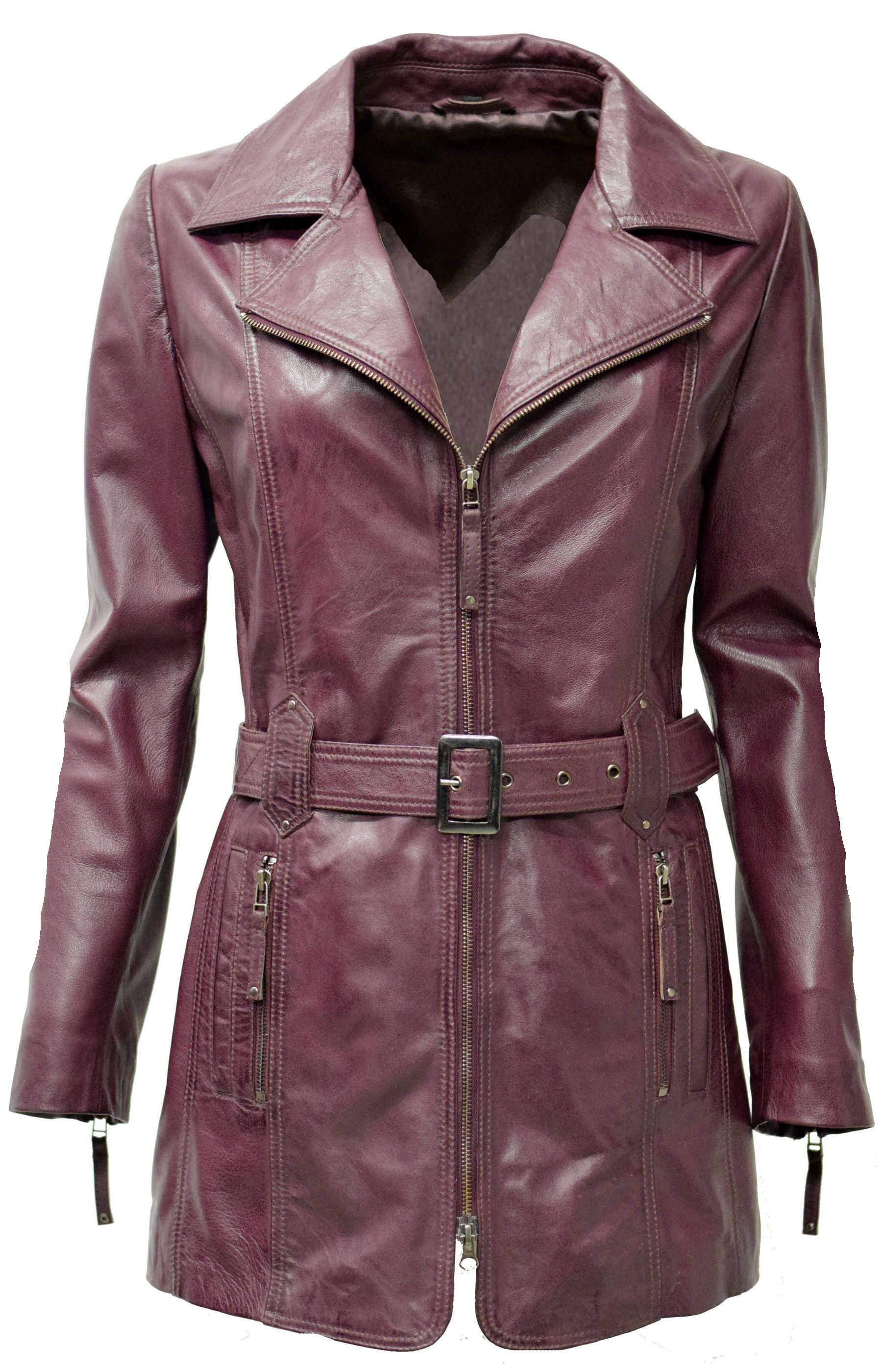 Damen Ledermantel Lara in washed Burgund