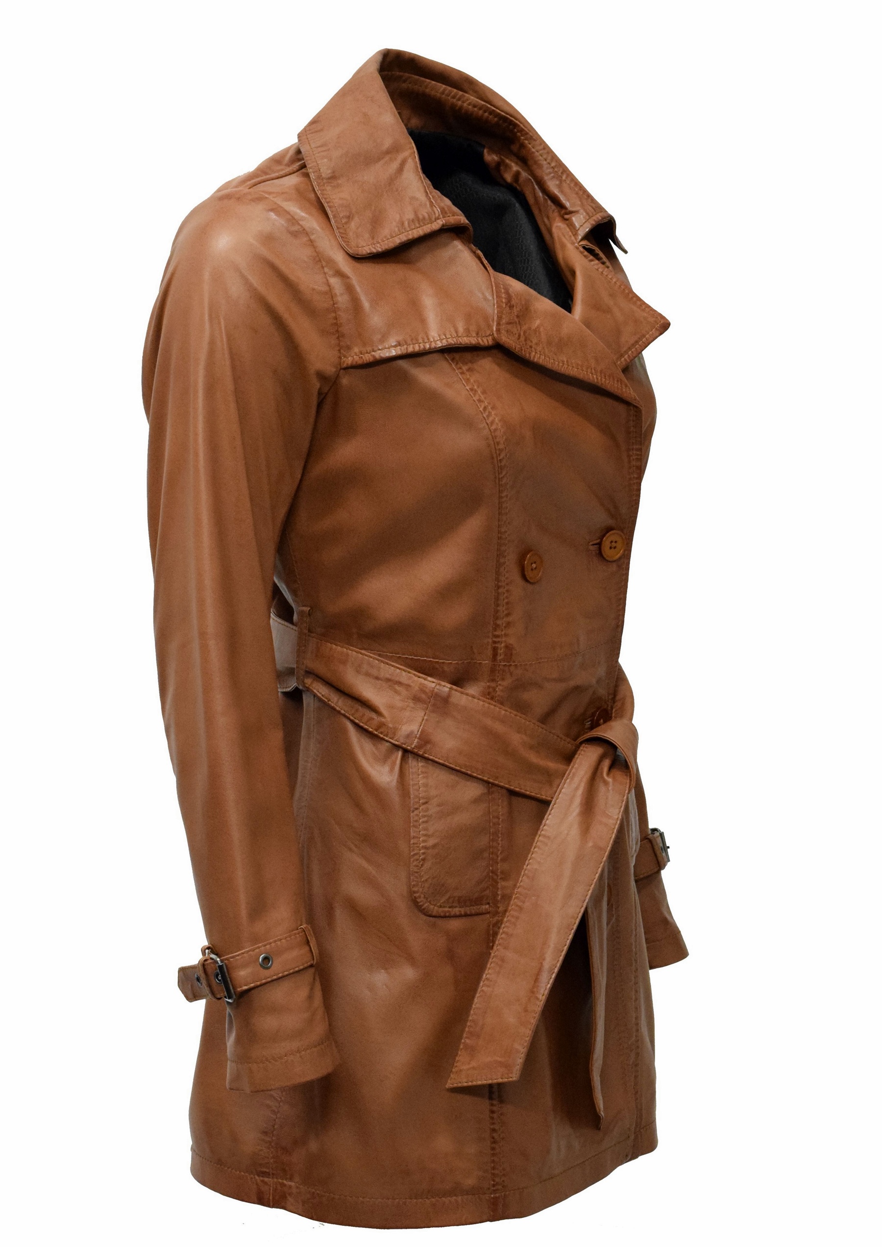 Damen Kurz- Trenchcoat Ledermantel Anna in washed Cognac
